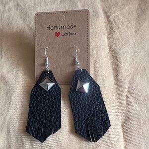 Handmade Black Leather Studded Dangling Earrings